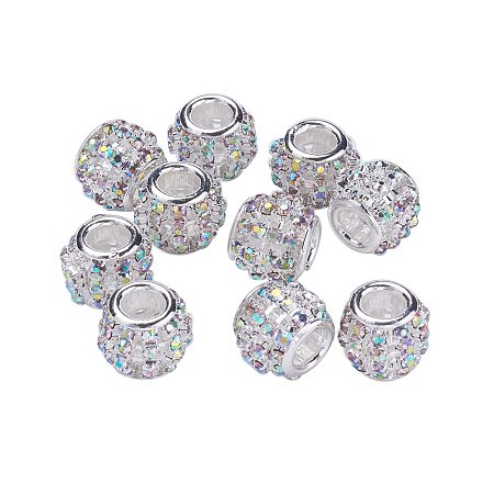 NBEADS 5 Pcs Crystal AB Color Alloy Rhinestone European Beads, Silver Tone Large Hole Rondelle Beads fit Bracelet Jewelry Making