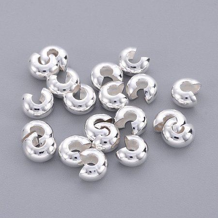 NBEADS 2000Pcs Brass Crimp Beads Covers, Round, Silver Color, About 5mm in Diameter, 4mm Thick, Hole: 2mm