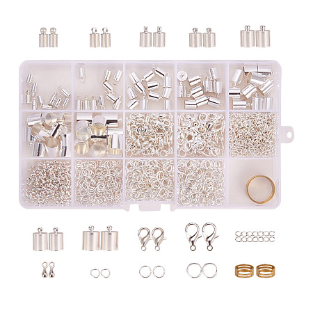 PandaHall Elite About 890Pcs Silver Jewelry Finding Sets with Jump Rings Lobster Clasps End Piece Chains and Assistant Buckling Tool