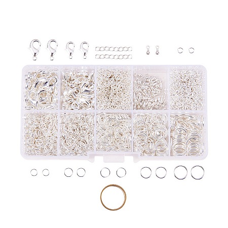 PandaHall Elite 1Box About 1585 Pcs Jewelry Making Findings Kits with Lobster Claw Clasps Twist Chain Links Drop Ends 22 Gauge Open Jump Rings 4~10mm and Jump Ring Open Tool Silver