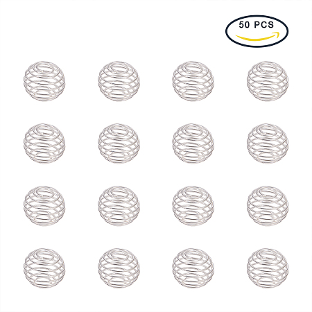 PandaHall Elite Diameter 10-15mm Silver Iron Spiral Round Bead Cages for Pendants Making, about 60pcs/box
