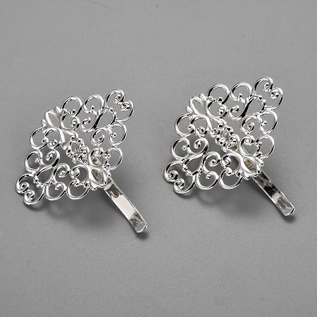 Honeyhandy Iron Hair Findings, Pony Hook, Ponytail Decoration Accessories, Fit for Brass Filigree Cabochons, Silver, 43x37x12mm