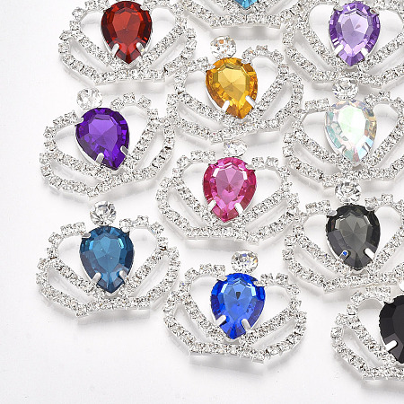 ARRICRAFT Brass Cabochons, with Acrylic Rhinestone and Glass Rhinestone, Crown, Silver, Mixed Color, 28~29x35~38x6mm