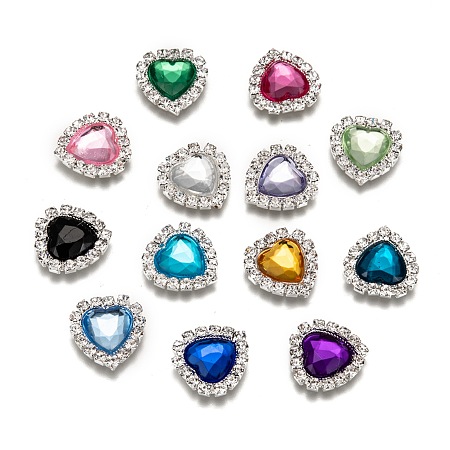 ARRICRAFT Acrylic Rhinestone Cabochons, with Brass Rhinestone Findings, Faceted, Heart, Silver Color Plated, Mixed Color, 16x15.5x4mm