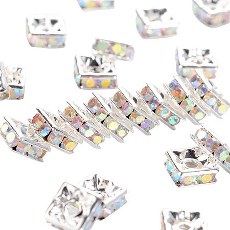 Pandahall Elite 100pcs 6mm Square AB Color Rhinestone Spacer Beads Sliver Plated Brass Rondelle Spacer Beads for Jewelry Making, Nickel Free