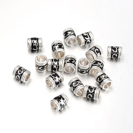 Enamel Alloy European Beads, Cadmium Free & Lead Free, Large Hole Column Beads, Silver Plated, Black, Black, 8.5x7mm, Hole: 5mm