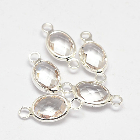Honeyhandy Oval Faceted Silver Color Plated Brass Glass Links connectors, Clear, 15x6.5x3.2mm, Hole: 1mm