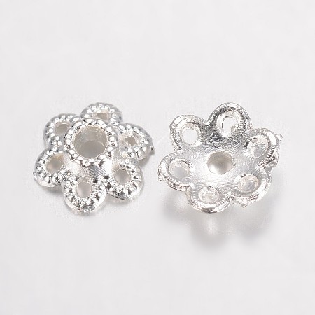 Honeyhandy Alloy Fancy Bead Caps, Hollow 6-Petal Flower, Silver Color Plated, 6.5x2mm, Hole: 1mm
