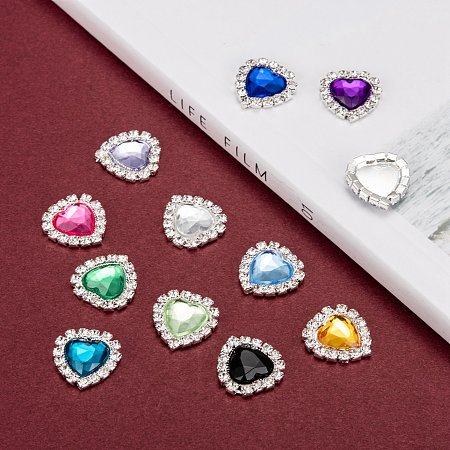 ARRICRAFT Acrylic Rhinestone Cabochons, with Brass Rhinestone Findings, Faceted, Heart, Silver Color Plated, Mixed Color, 16x15.5x4mm