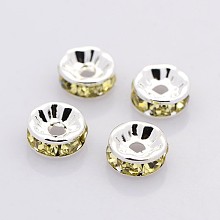 Honeyhandy Brass Rhinestone Spacer Beads, Grade A, Straight Flange, Silver Color Plated, Rondelle, Jonquil, 8x3.8mm, Hole: 1.5mm