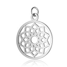 Honeyhandy 304 Stainless Steel Pendants, Chakra, Sahasrara, Flat Round with Flower, Stainless Steel Color, 22.5x19x1mm, Hole: 3mm