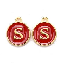 Honeyhandy Golden Plated Alloy Enamel Charms, Cadmium Free & Lead Free, Enamelled Sequins, Flat Round with Letter, Red, Letter.S, 14x12x2mm, Hole: 1.5mm