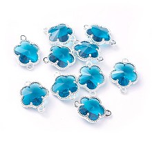 Honeyhandy Glass Links connectors, with Eco-Friendly Alloy Open Back Berzel Findings, Flower, Silver Color Plated, Steel Blue, 15.5x12x5mm, Hole: 1.4mm