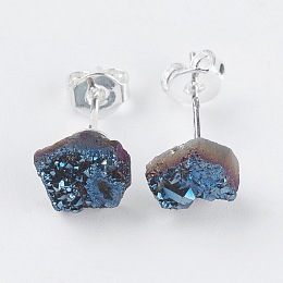 Honeyhandy Brass Ear Stud Components, with Natural Druzy Agate, Nuggets, Silver Color Plated, Blue Plated, 6~9x5~8.5x3~7mm, Pin: 0.7mm