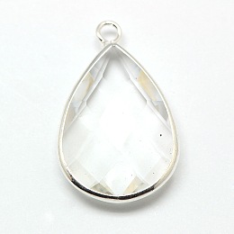 Honeyhandy Silver Color Plated Brass Glass Teardrop Pendants, Faceted, Clear, 18x10x5mm, Hole: 2mm