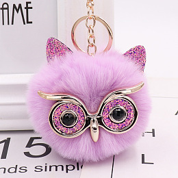 Honeyhandy Pom Pom Ball Keychain, with KC Gold Tone Plated Alloy Lobster Claw Clasps, Iron Key Ring and Chain, Owl, Plum, 12cm