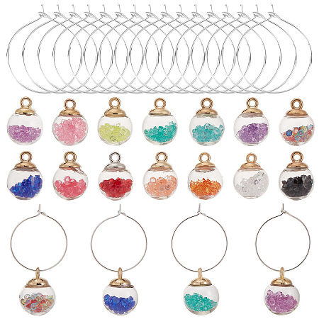 SUNNYCLUE DIY Wine Glass Charms Making Kits, include 14Pcs 14 Colors Resin Rhinestone inside Glass Globe Pendants and 20Pcs Brass Wine Rings, Silver, Charm Rings: 25x0.8mm(20 Gauge), 20pcs, Pendants: 20.5~21x16mm, Hole: 2.5mm, 14pcs