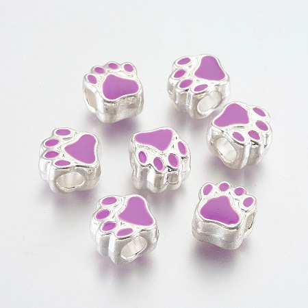 Alloy Enamel European Beads, Large Hole Beads, Dog Paw Print, Silver Color Plated, Violet, 11x10x7mm, Hole: 4.5mm