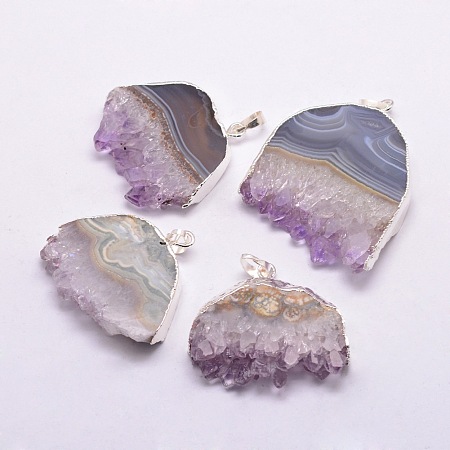 Honeyhandy Natural Amethyst Pendants, Nuggets, with Silver Color Plated Plated Brass Finding, 35~50x25~40x7~9mm, Hole: 7x5mm