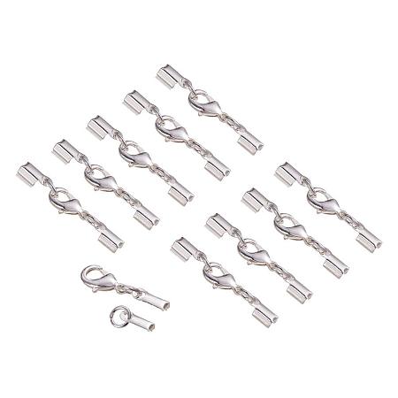 PandaHall Elite 20 Sets Brass Lobster Claw Clasps Fold Over Cord End Caps Terminators Crimp End Tips for Jewelry Making, Silver