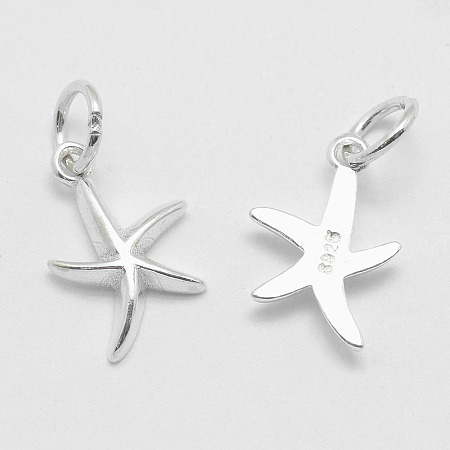 Honeyhandy 925 Sterling Silver Pendants, Starfish/Sea Stars, Carved with 925, Silver, 15x9.5x2mm, Hole: 4mm