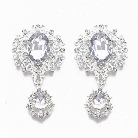 Honeyhandy Alloy Cabochons, with Acrylic Rhinestone and Crystal Rhinestone, Faceted, Flower and teardrop, Silver, 56x29x6mm