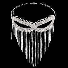 AHANDMAKER Iron Headwear Masquerade Masks, Crystal Rhinestone Tassel Eye Mask, with Lobster Claw Clasp & Chain Extender, for Party Costume Accessories, Silver Color Plated, 680mm