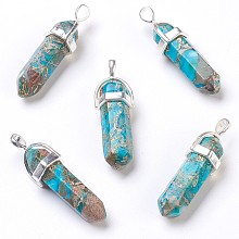 Honeyhandy Synthetic Regalite/Imperial Jasper/Sea Sediment Jasper Pointed Pendants, with Brass Findings, Dyed, Bullet, Silver, Deep Sky Blue, 35~41x12.8x10mm, Hole: 3x4mm