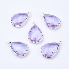 Honeyhandy Silver Color Plated Brass Glass Teardrop Pendants, Faceted, Azure, 18x10x5mm, Hole: 2mm