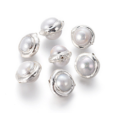 Honeyhandy Natural Cultured Freshwater Pearl Beads, with Brass Findings, Celestial Body, White, Silver Color Plated, 12.5~15x10~12mm, Hole: 0.7mm