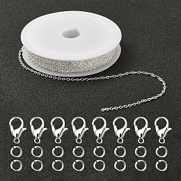 Honeyhandy DIY 3m Brass Cable Chain Jewelry Making Kit, with 30Pcs Brass Open Jump Rings with 10Pcs Zinc Alloy Lobster Claw Clasps, Silver Color Plated, Chain Link: 2x1.8x1.2mm