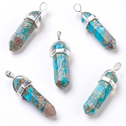 Honeyhandy Synthetic Regalite/Imperial Jasper/Sea Sediment Jasper Pointed Pendants, with Brass Findings, Dyed, Bullet, Silver, Deep Sky Blue, 35~41x12.8x10mm, Hole: 3x4mm