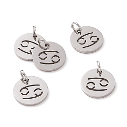 Honeyhandy 304 Stainless Steel Charms, Flat Round with Constellation/Zodiac Sign, Cancer, 12x1mm, Hole: 3mm