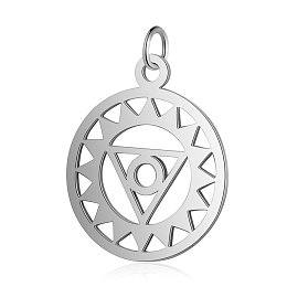 Honeyhandy 304 Stainless Steel Pendants, Chakra, Visuddha, Flat Round with Triangle, Stainless Steel Color, 22.5x19x1mm, Hole: 3mm