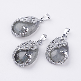 Honeyhandy Natural Labradorite Pendants, with Brass Finding, Teardrop with Peacock, Platinum, 33x20x10.5mm, Hole: 5x6.5mm