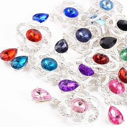 Acrylic Crystal Rhinestone Cabochons, with Silver Plated Alloy Findings, Cadmium Free & Lead Free, Faceted, Flat Back, Flower, Silver, 46x29x6.5mm