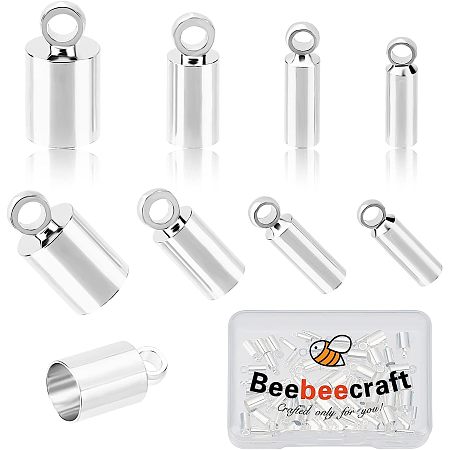 Beebeecraft 80Pcs 4 Size 925 Sterling Silver Plated Crimp End Caps Smooth Glue-in Leather Cord Barrel End Tip with Loop Ring for Leather Cord Bracelets Jewelry Making