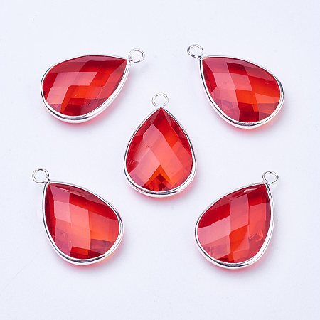 Honeyhandy Silver Color Plated Brass Glass Teardrop Pendants, Faceted, Orange Red, 18x10x5mm, Hole: 2mm