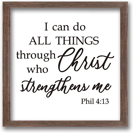 FINGERINSPIRE I Can Do All Things Through Christ Art Sign Solid Wood Inspiration Sign Funny Farmhouse Decor with Arylic Layer 13x13 Inch Large Hangable Wooden Frame Block Sign for Home Room Decor