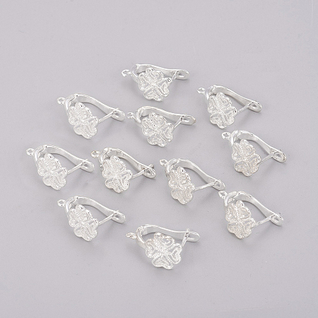 Arricraft Long-Lasting Plated Brass Hoop Earring Findings, Flower, Silver Color Plated, 19x10.5x10.5mm, Hole: 1mm; Pin: 1mm