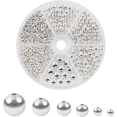 PandaHall Elite 1568 pcs 6 Sizes Metal Spacer Beads, 2.5 3 4 5 6 8mm Brass Round Smooth Spacer Beads Loose Connector Beads for Earring Bracelet Pendants Jewelry DIY Craft Making, Silver