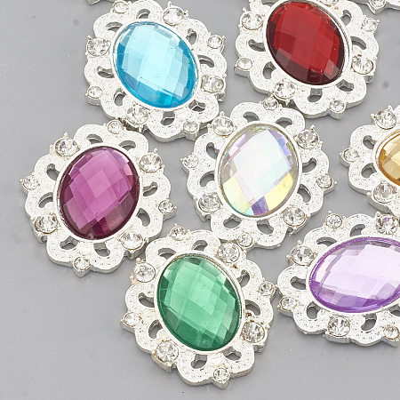 ARRICRAFT Alloy Acrylic Rhinestone Cabochons, with Rhinestone, Faceted, Oval, Silver Color Plated, Mixed Color, 31x27x5mm