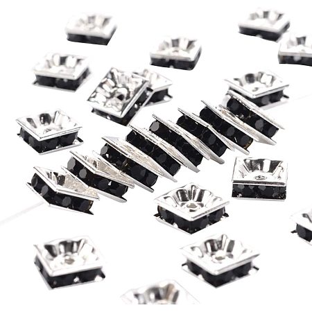 Pandahall Elite 100pcs 8mm Square Black Rhinestone Spacer Beads Sliver Plated Brass Rondelle Spacer Beads for Jewelry Making, Nickel Free