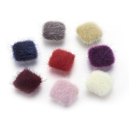 Faux Mink Fur Covered Cabochons, with Silver Color Plated Alloy Findings, Square, Mixed Color, 13x13x5mm