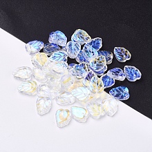 Honeyhandy Electroplated Transpaprent Glass Pendants, Leaf Charm, AB Color, Blue, 13.5x10.5x3.5mm, Hole: 1.2mm