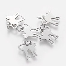 Honeyhandy 201 Stainless Steel Kitten Pendants, Stretch Cat Shape, Stainless Steel Color, 12x12x1mm, Hole: 3mm