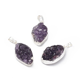 Honeyhandy Natural Amethyst Druzy Pendants, with Rack Plating Brass Findings, Cadmium Free & Lead Free, Oval Links, Silver, 27~31x16~18x11~13mm, Hole: 8x5mm