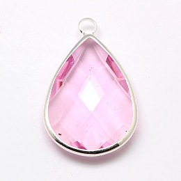 Honeyhandy Silver Color Plated Brass Glass Teardrop Pendants, Faceted, Pearl Pink, 18x10x5mm, Hole: 2mm