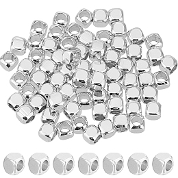 CREATCABIN Brass Beads, Cube, Silver, 4x4x4mm, Hole: 2.6mm, 100pcs/box