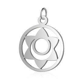 Honeyhandy 304 Stainless Steel Pendants, Chakra, Svadhishthana, Flat Round with Flower, Stainless Steel Color, 22.5x19x1mm, Hole: 3mm